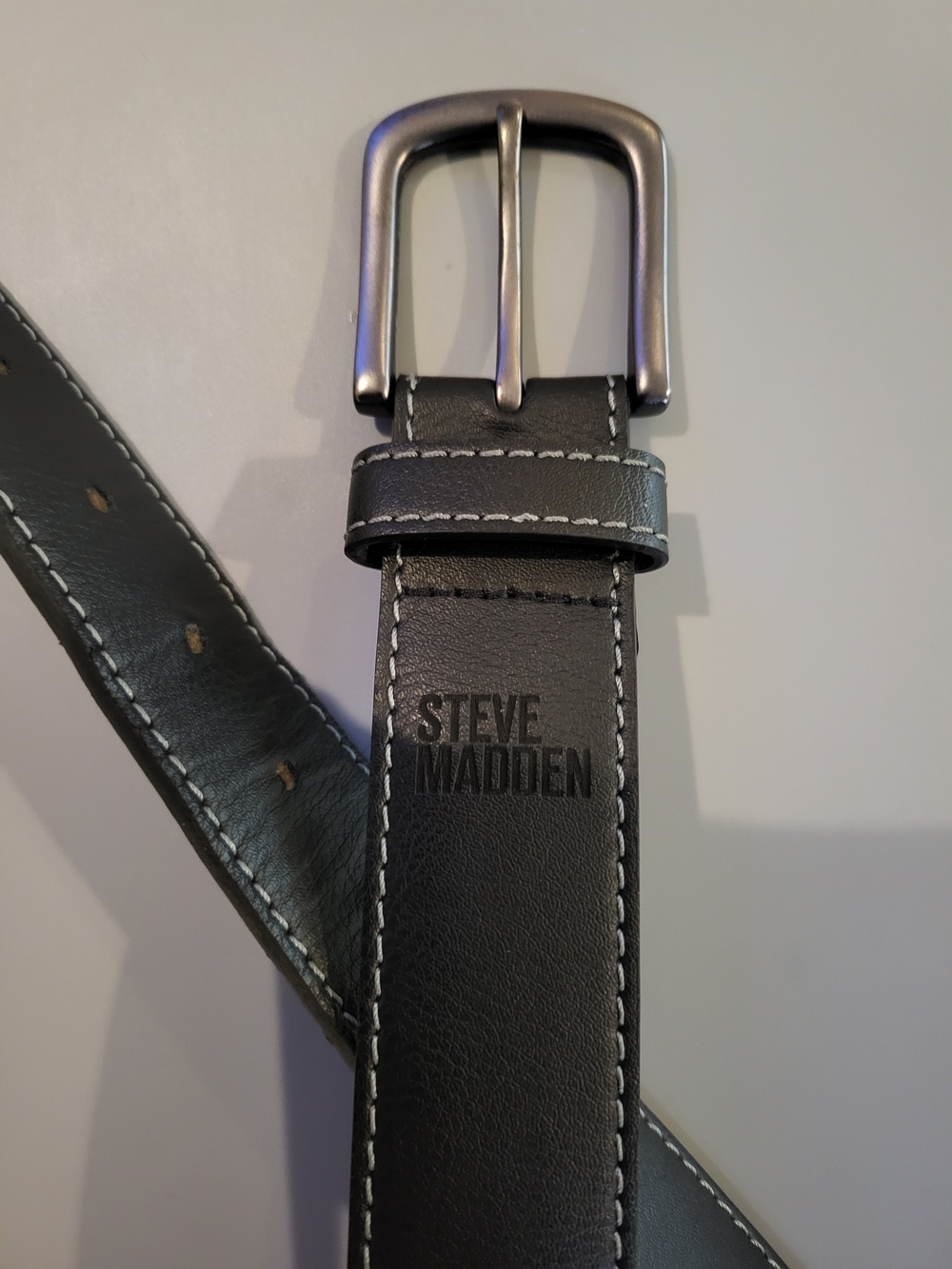 Steve Madden Black Leather Belt with White Stitching